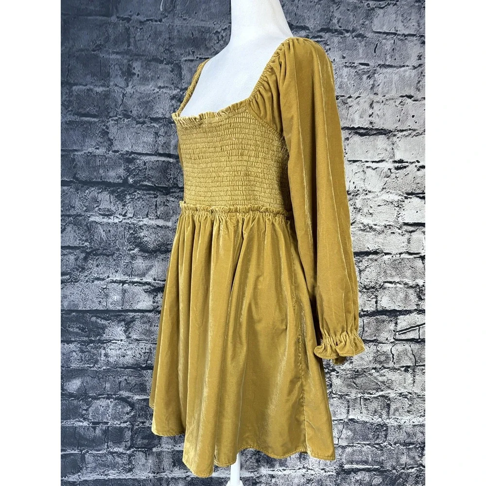 Free People Dress Womens Large Mustard Velvet Smocked Puff Sleeve Lace Up Back - Picture 2 of 15